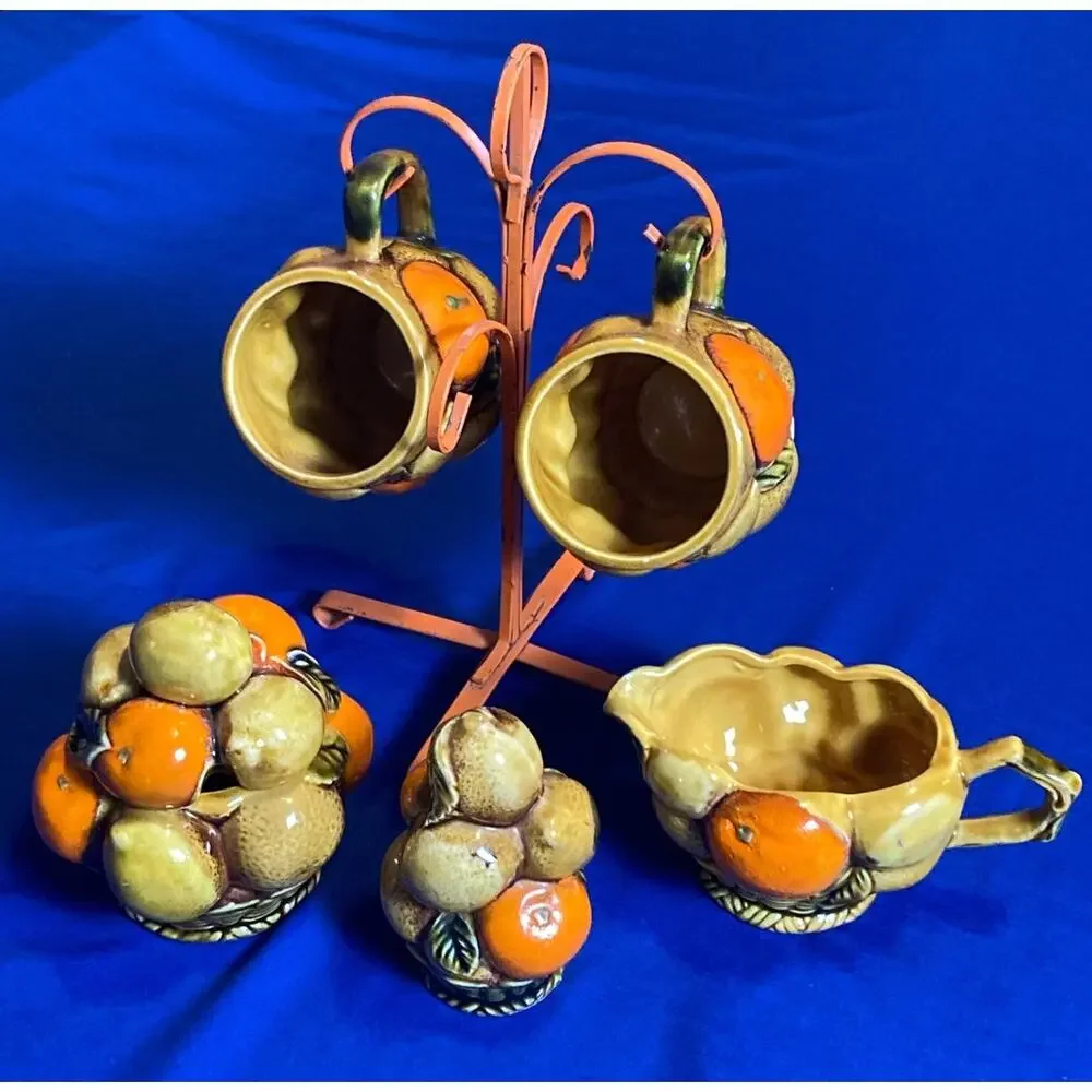 VTG Tea Set Orange Spice by INARCO Tea Cups (2) Lidded Sugar Bowl Creamer -Stand